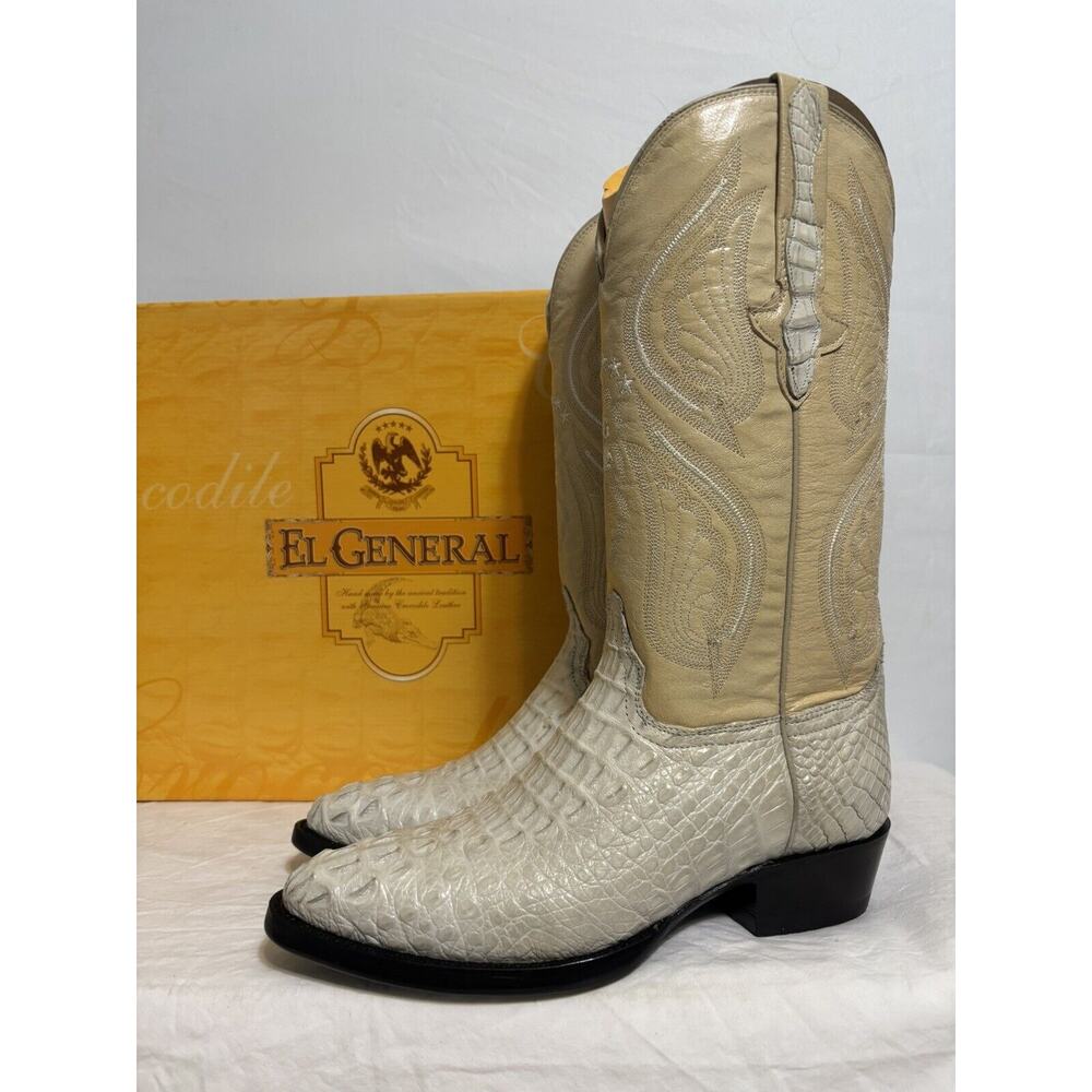 El General Cowboy Boots‎ Ivory Leather Embroidered Horn Back Leather Mens Size 6